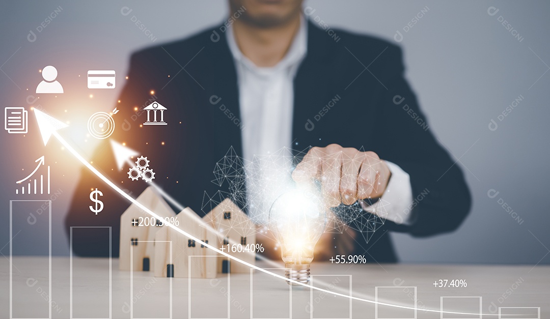 Empresário tocando Inteligência Artificial IA em dados em fundo escuro