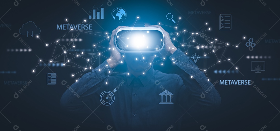 Metaverso com conceito de negócio homem usando computador e globo virtual de toque com ícones financeiros tecnologia futura IA