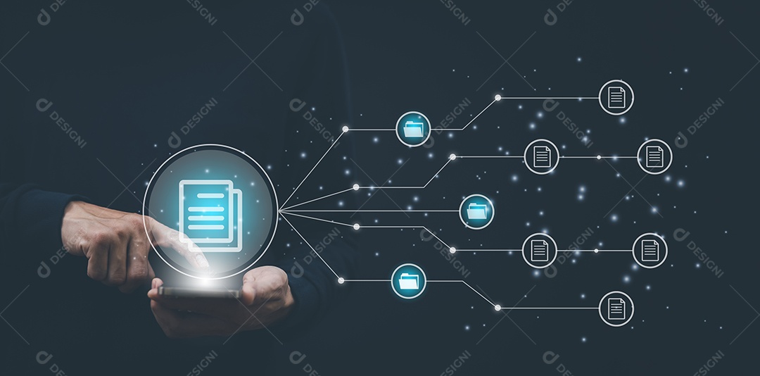 Mão de empresário toca pasta do sistema de gerenciamento de documentos IA