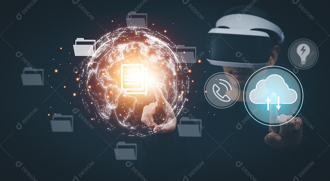 Mão de empresário toca pasta do sistema de gerenciamento de documentos IA