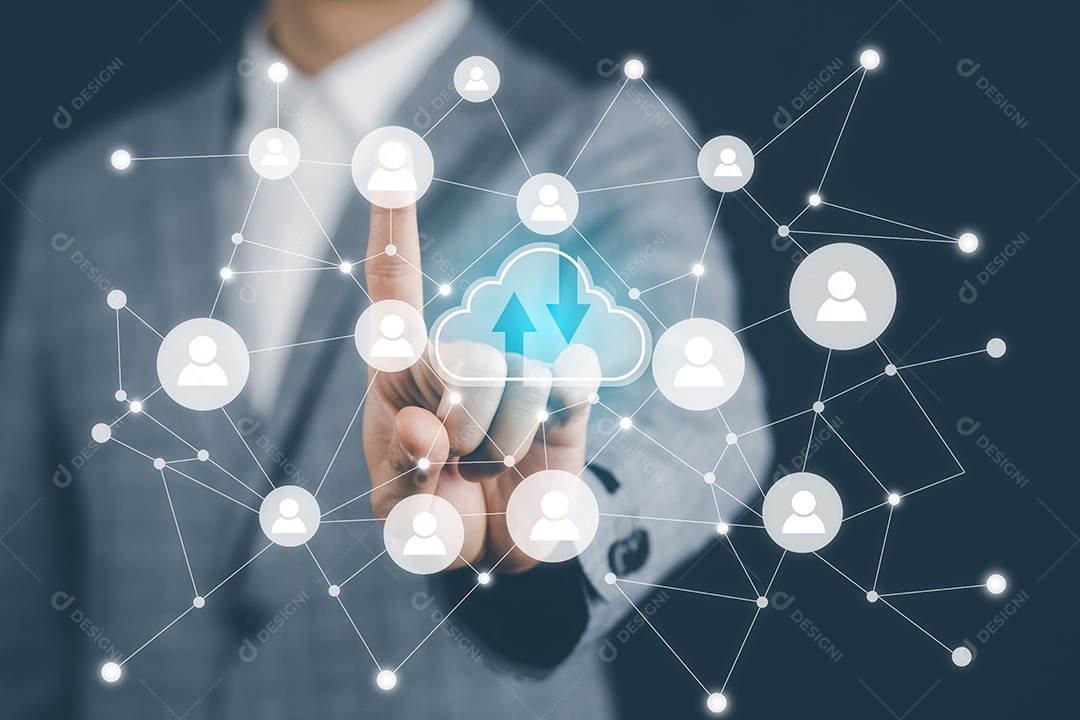 Mão de empresário toca pasta do sistema de gerenciamento de documentos IA