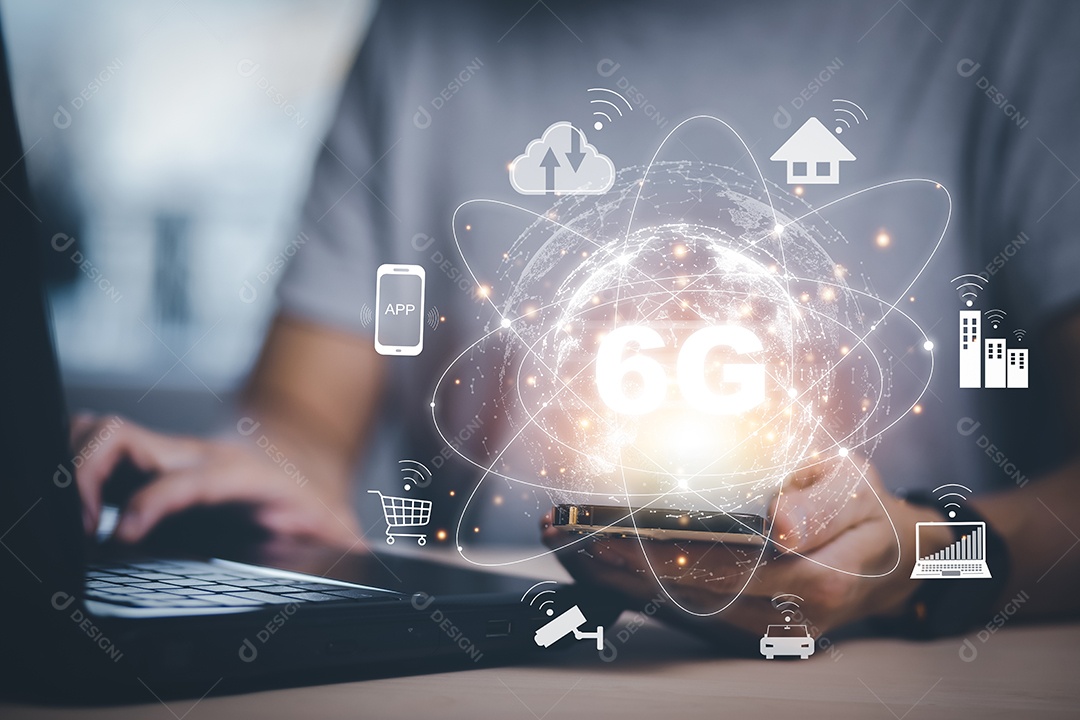 Conexão de rede global 6G disponível para homem de negócios IA