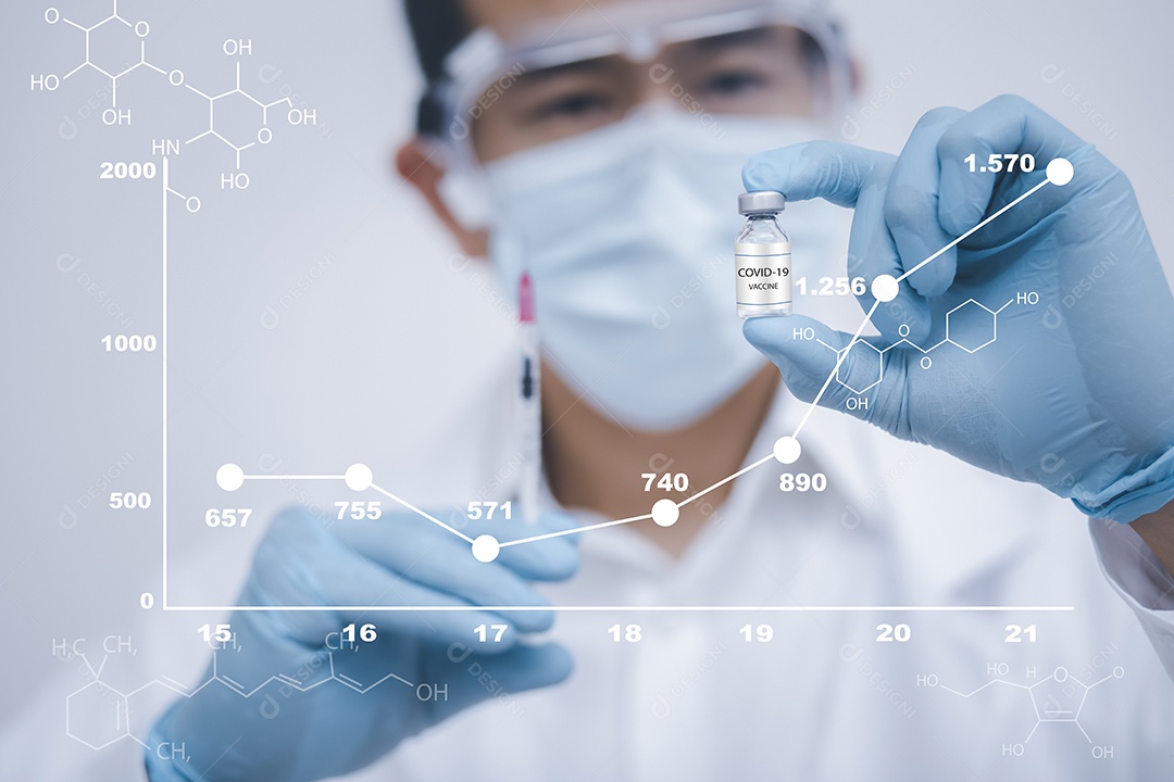 Médico ou cientista com um estetoscópio em laboratório segurando uma seringa com vacinas líquidas para crianças ou idosos IA