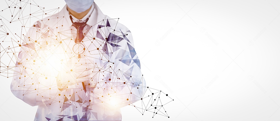 Pensando e criativo com médico ou cientista com estetoscópio usando máscara médica em fundo branco IA