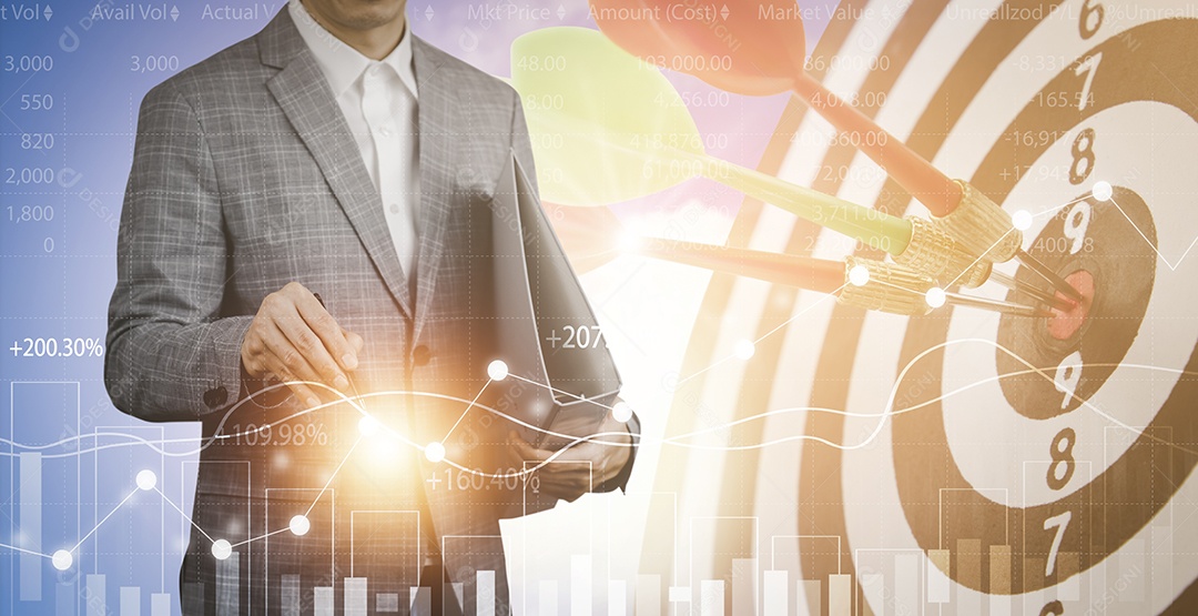 Seta de dardo e linha de mercado de ações ou gráfico de negociação forex e gráfico de velas adequados para conceito de investimento financeiro IA