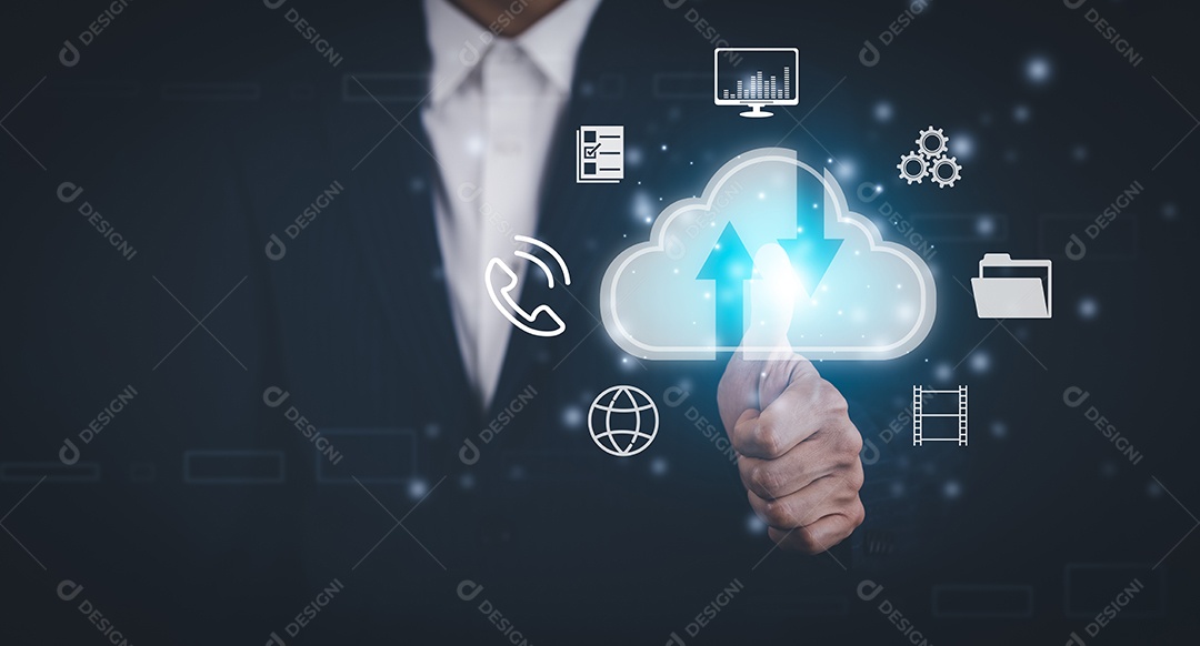 Homem tocando conectar-se a informações de dados na Internet da tecnologia de computação em Nuvem IA