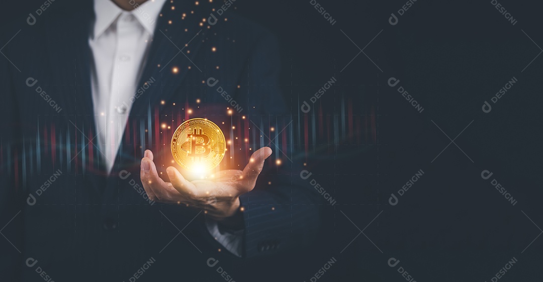 Empresário segurando bitcoins como parte de uma rede de negócios em fundo dourado IA