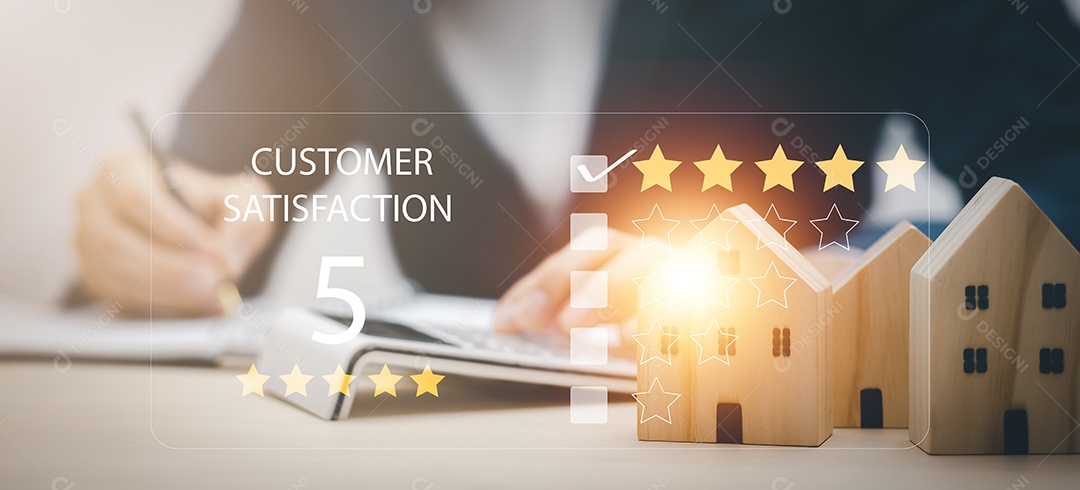 Pesquisa de satisfação do cliente com conceito de casa ou casa de madeira IA