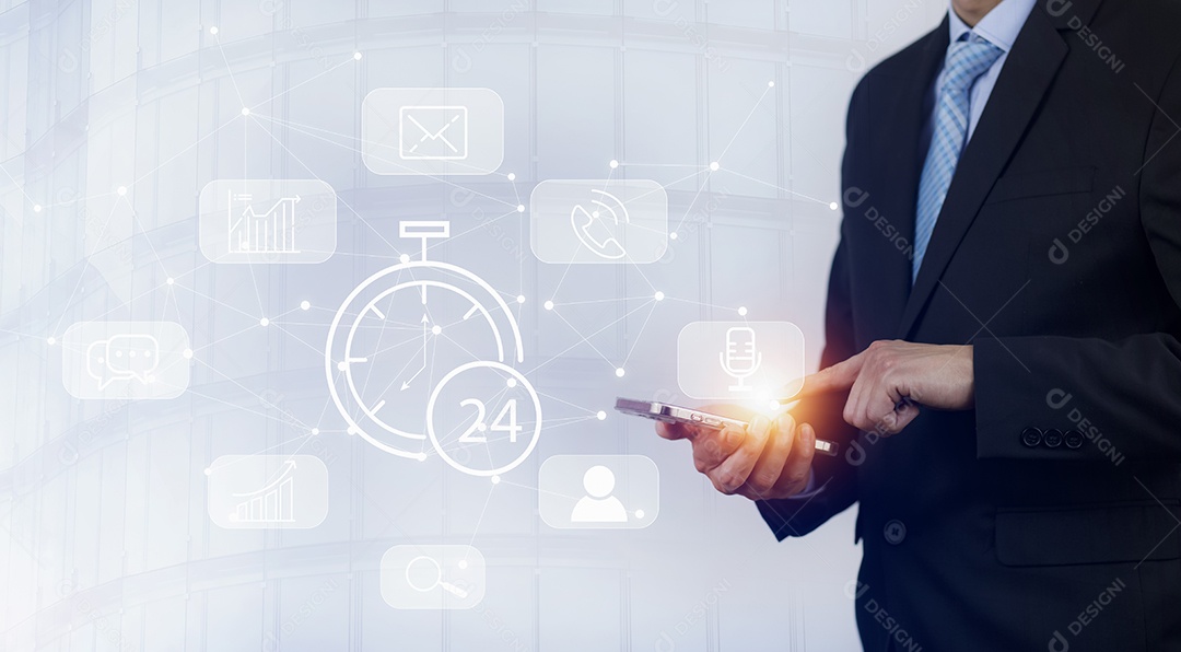 Relógio 24h serviço e ícone de pessoas conceito negócios IA