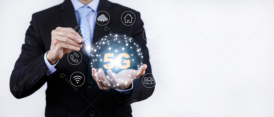 Conexão de rede global 5G disponível para homem de negócios IA