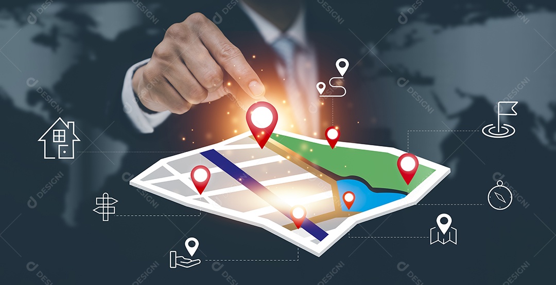 Mão de empresário segurando um mundo virtual e um mapa modelo com ponto de localização IA