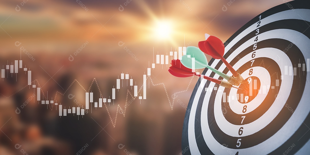 Seta de dardo e linha de mercado de ações ou gráfico de negociação forex e gráfico de velas adequados para conceito de investimento financeiro IA