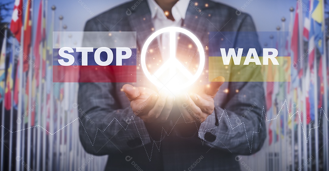 Mão segurando o ícone do sinal de paz da guerra no fundo do céu IA