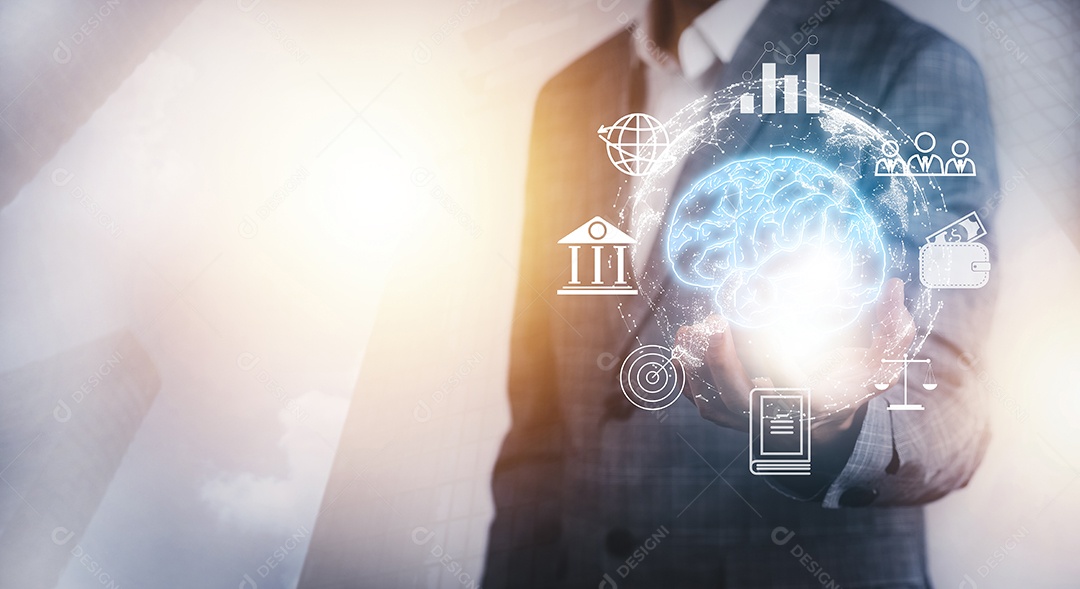 Empresário toca ícone de cérebro e controle de linha no gráfico Ícone de tela de uma tela de mídia IA