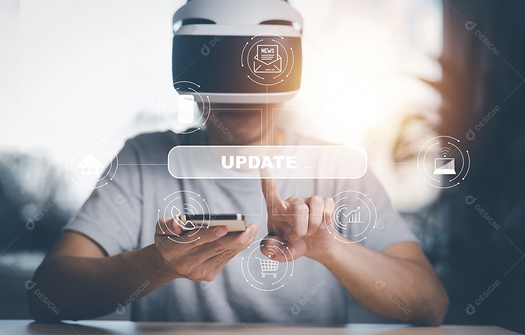 Homem usando óculos VR virtuais  na tela do gráfico de uma mídia IA