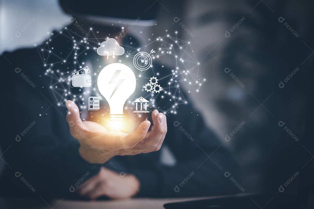 Empresa segurando lâmpada ideia inovadora de inspiração da tecnologia online IA