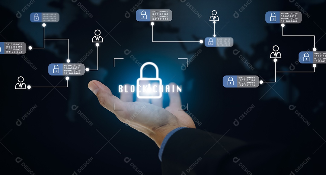 Ícone de mão segurando chaves com tecnologia Blockchain no fundo preto IA