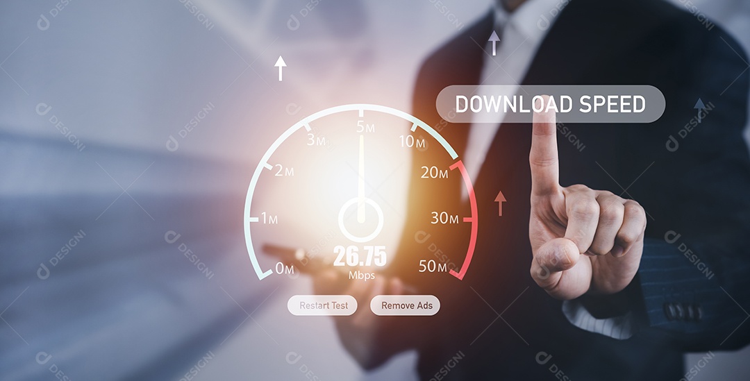 Empresário toca Conexão rápida de internet com conceito de velocidade de download IA