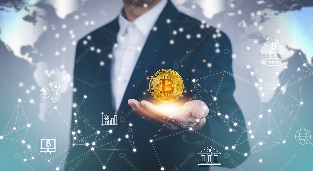 Empresário mão segurando Bitcoin Nova moeda de dinheiro virtual sobre dólares americanos close up