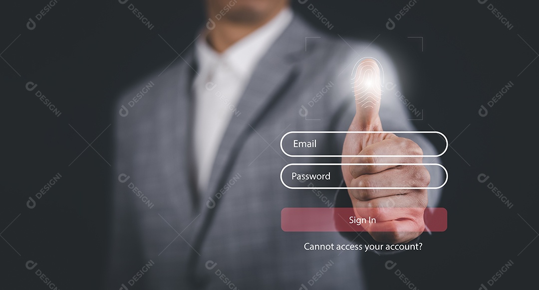 Empresário tocando impressão digital com global virtual com segurança cibernética IA