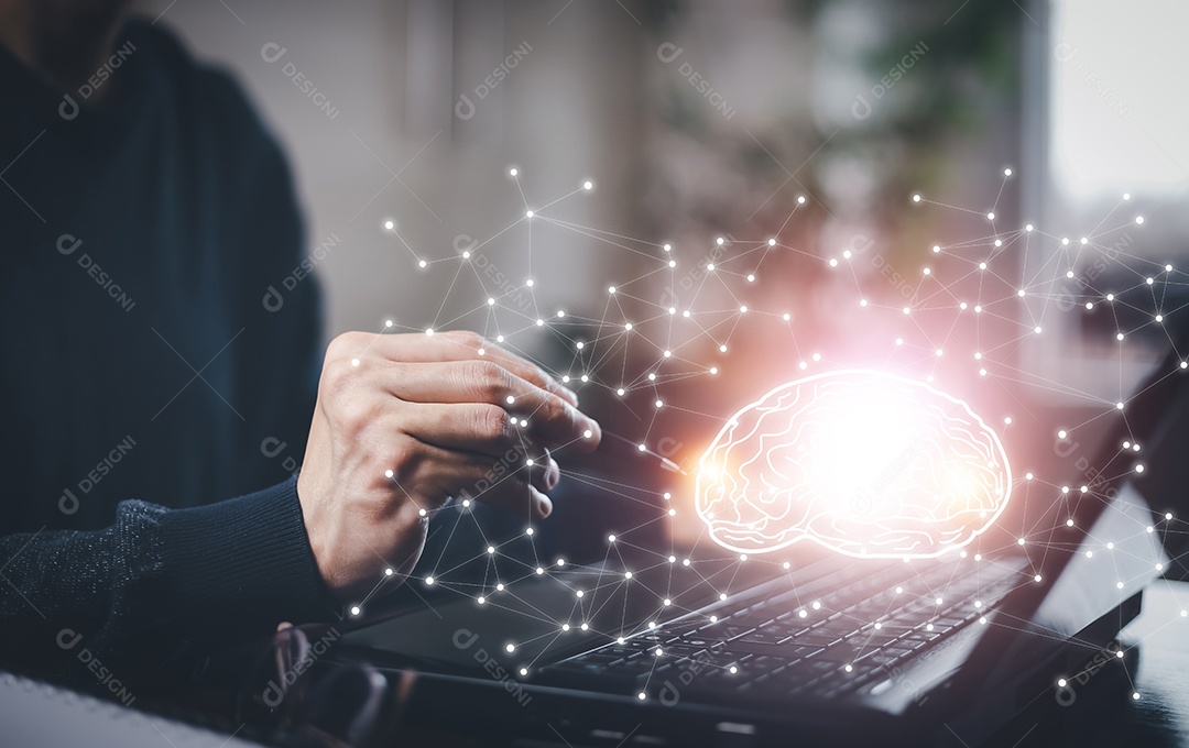 Empresário tocando Inteligência Artificial IA em rede de big data aprendizado de máquina e dados em fundo escuro