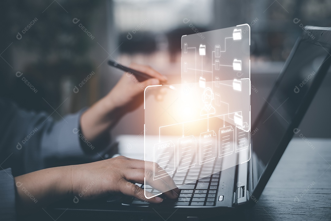 Mão de empresário toca pasta do sistema de gerenciamento de documentos IA