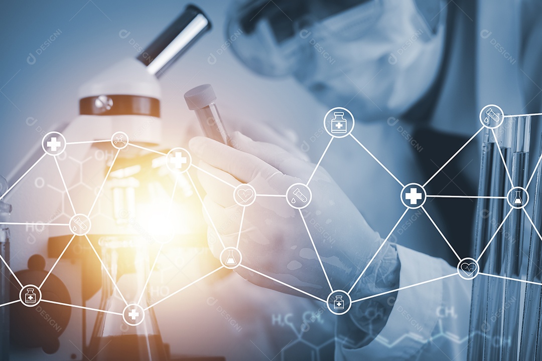Cientista de pesquisa bioquímica trabalhando com um microscópio para o vírus gerado pela IA