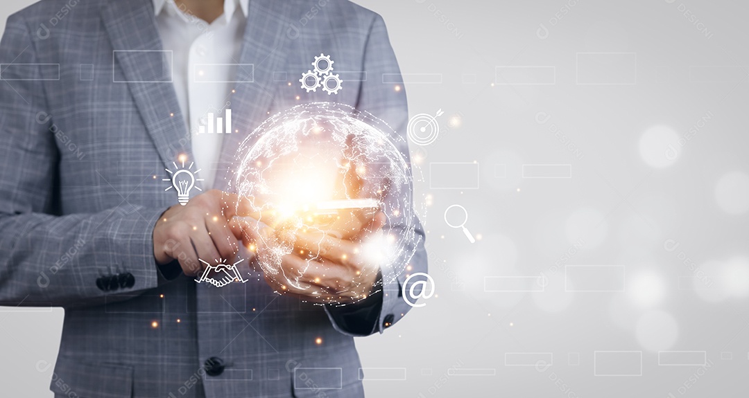 Empresário usando smartphone com conceito de negócio de ícone gerado pela IA