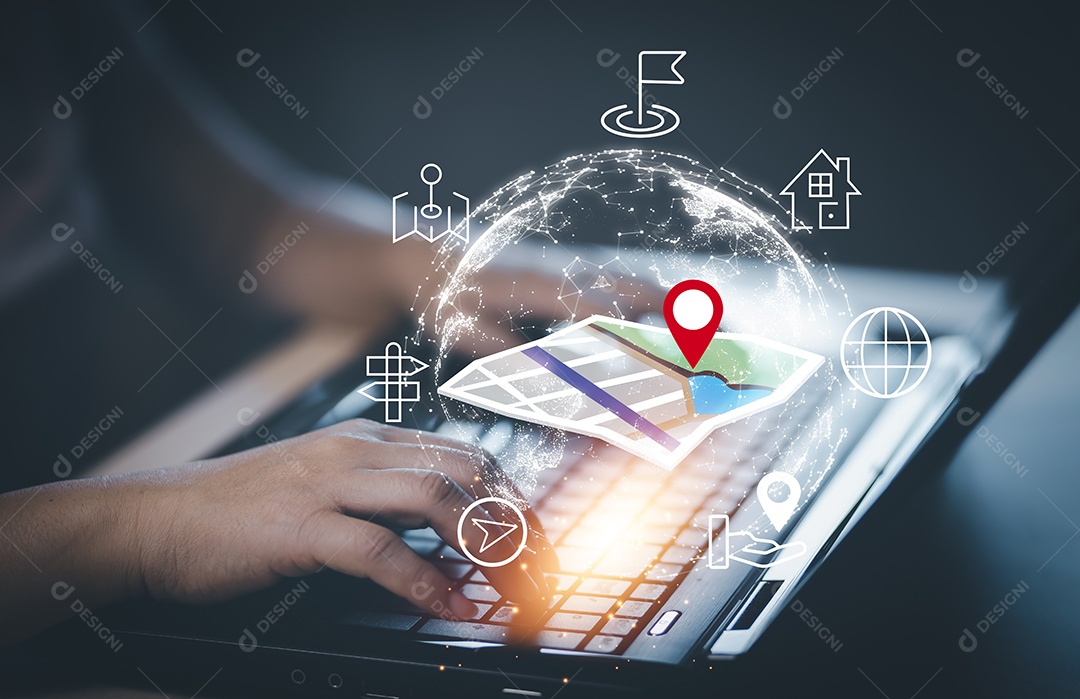 Tablet e navegação mundo virtual e mapa modelo com ponto de localização IA