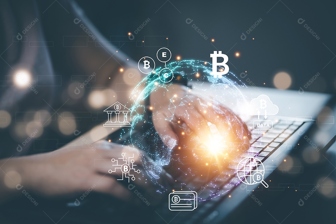 Novo Blockchain com conceito de ícone bitcoin IA