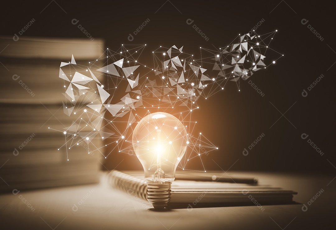 Conceito criativo e pensativo lâmpada no livro e estilo de lâmpada bokeh fundo escuro vintage IA