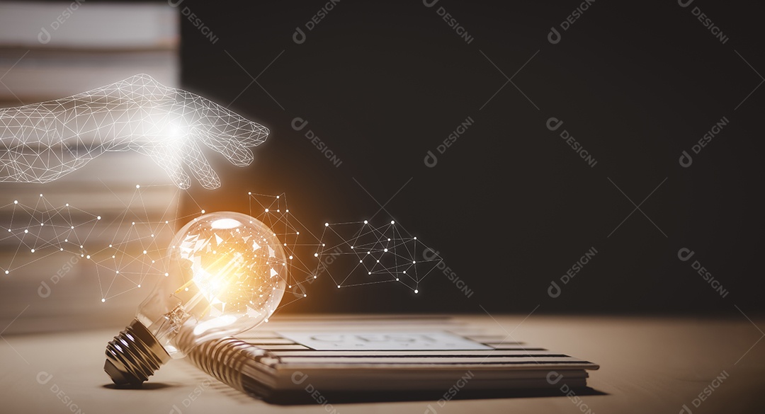 Conceito criativo e pensativo lâmpada no livro e estilo de lâmpada bokeh fundo escuro vintage IA