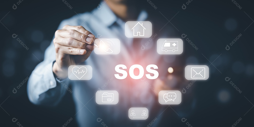 Empresário usando caneta com aplicativo de emergência em casa IA