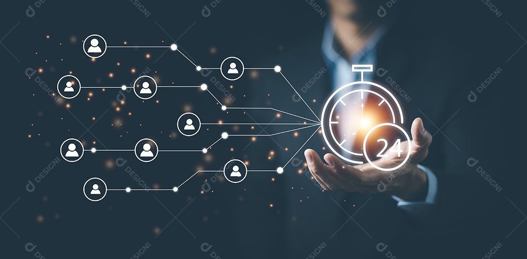 Relógio 24h serviço e ícone de pessoas conceito negócios IA