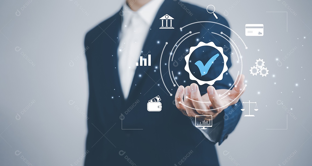 Garantia de qualidade dos serviços empresariais mão do empresário mostra o sinal do melhor serviço Garantia de qualidade em fundo preto IA