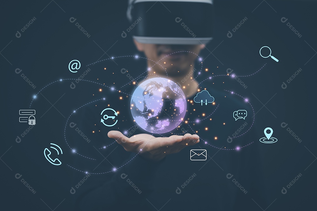 Homem usando óculos de realidade virtual segura conexão virtual de Internet global no gráfico Ícone de tela de uma tela de mídia IA