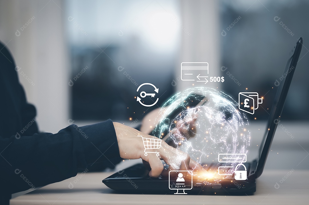 Empresária interagindo com laptops e telefones IA