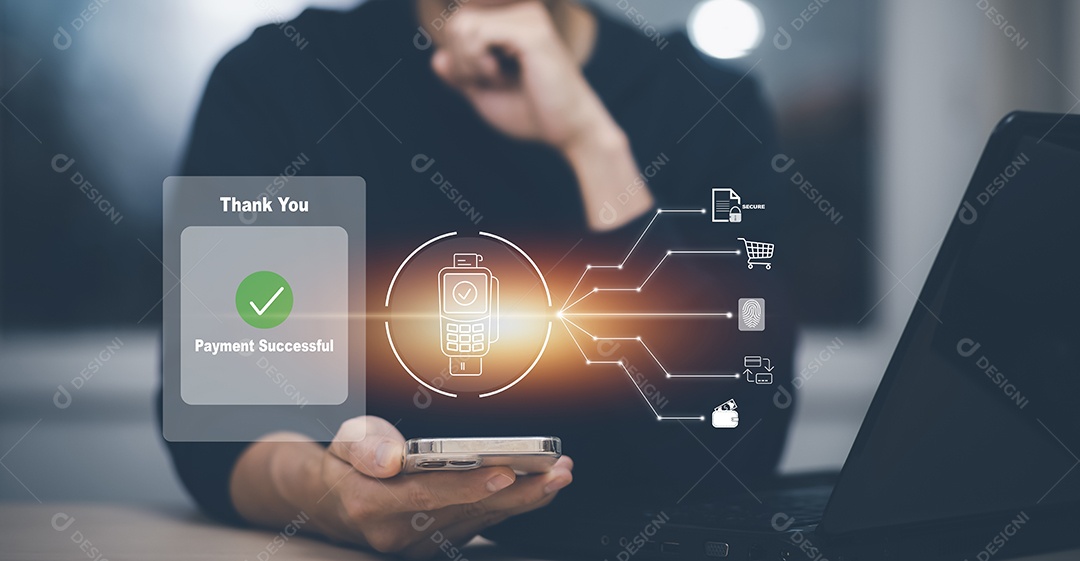 Homem usando laptop para pagar online conceito tecnologia móvel de pagamento online IA