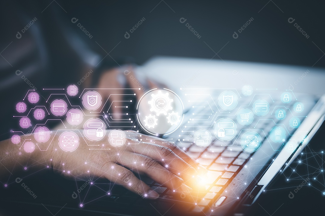 Mão usando laptop e online de privacidade de segurança cibernética protegem dados IA