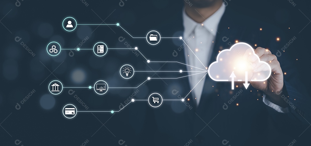 Mão de empresário toca pasta do sistema de gerenciamento de documentos IA