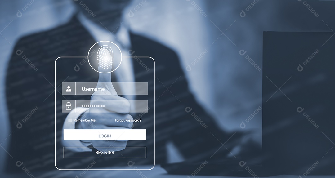 Homem tocando impressão digital com global virtual com segurança cibernética IA
