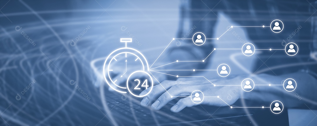 Relógio 24h serviço e ícone de pessoas conceito negócios IA