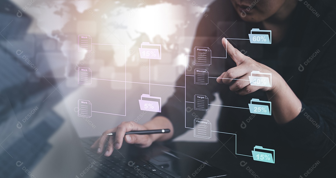 Mão de empresário toca pasta do sistema de gerenciamento de documentos IA