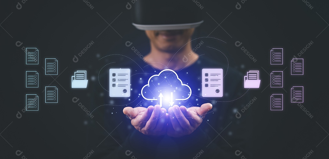 Mão de empresário toca pasta do sistema de gerenciamento de documentos IA