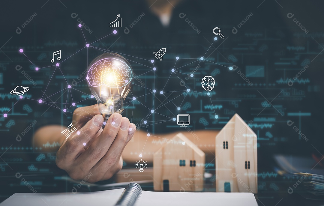 Empresário segurando lâmpada ideia inovadora de inspiração da tecnologia online IA