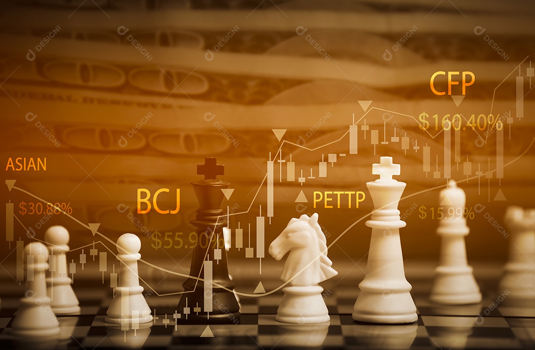 Conceito de ideias competitivas de estratégia empresarial jogo de xadrez no tabuleiro de xadrez atrás do fundo empresarial IA