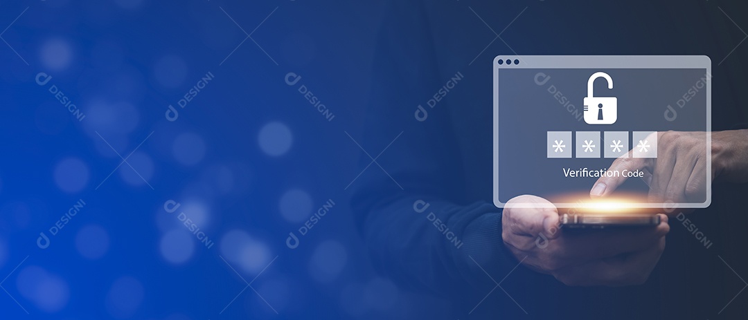 Mão e Smartphone com escaneamento do sistema de proteção de segurança cibernética login usuário IA