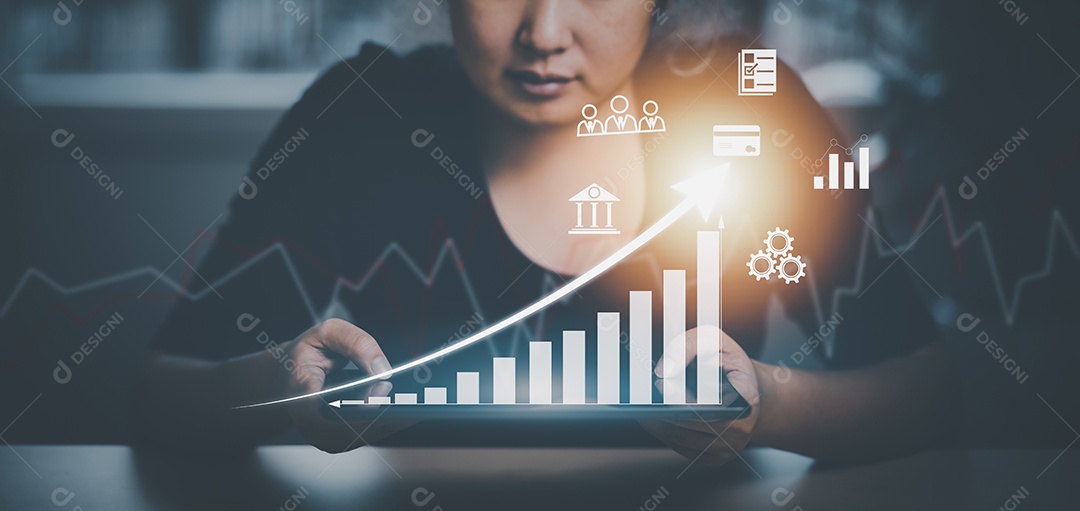 Linha de tela sensível ao toque de mão do mercado de ações ou gráfico de negociação forex e gráfico de velas adequado para conceito de investimento financeiro IA