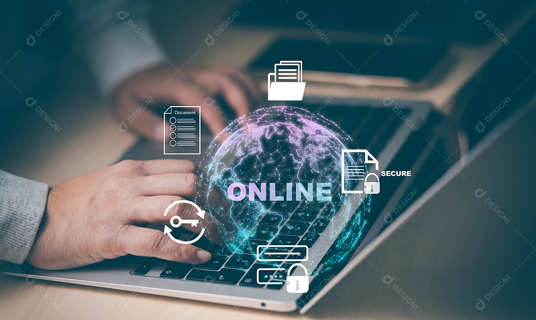 Mão em leptop com escaneamento do sistema de proteção de segurança cibernética login usuário IA