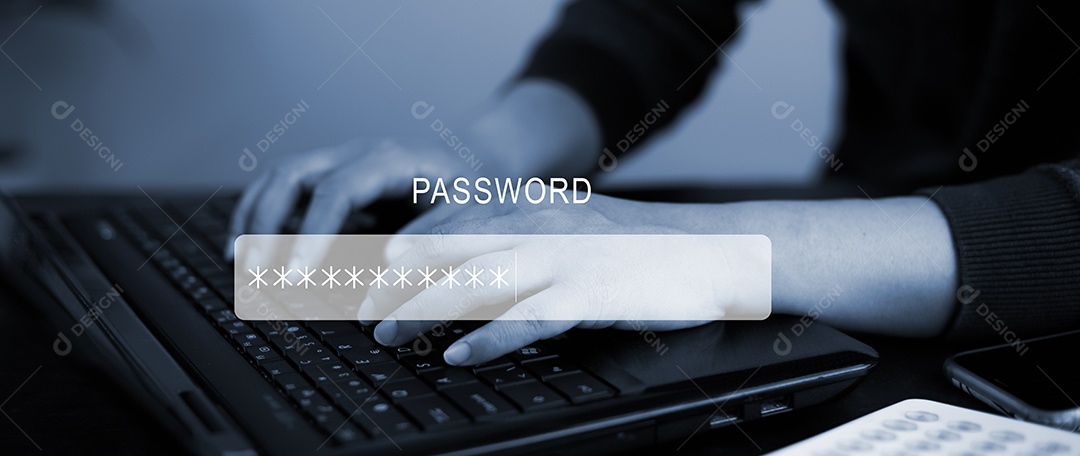 Mão em leptop com escaneamento do sistema de proteção de segurança cibernética login usuário IA